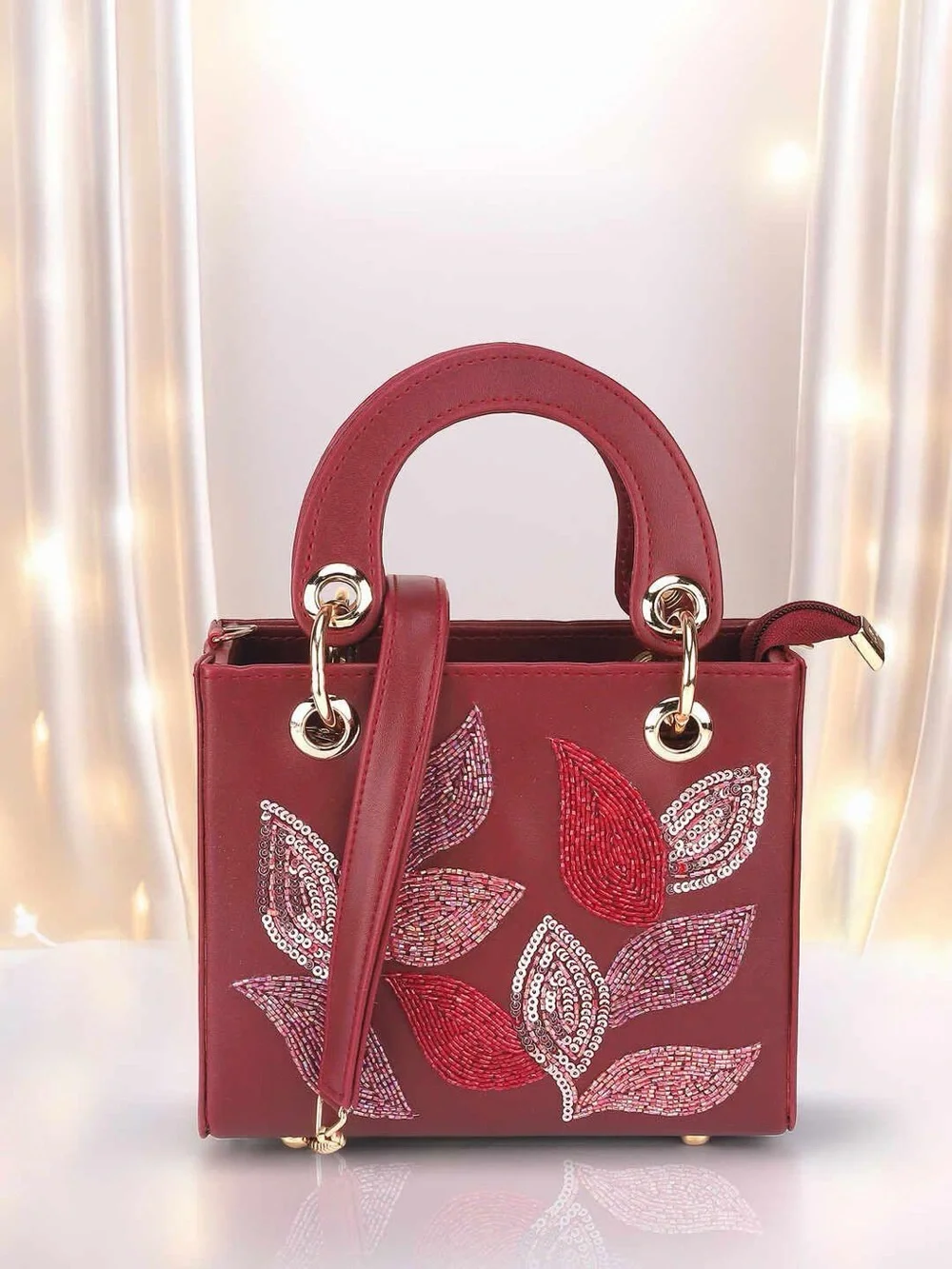 Embellished Burgundy Leaf-Accent Top-Handle Satchel